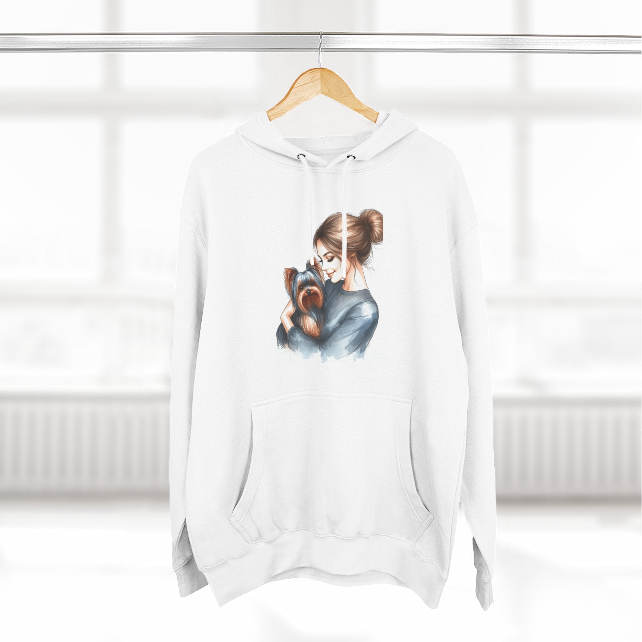 Fleece Hoodie - Woman Hugging Her Yorkie