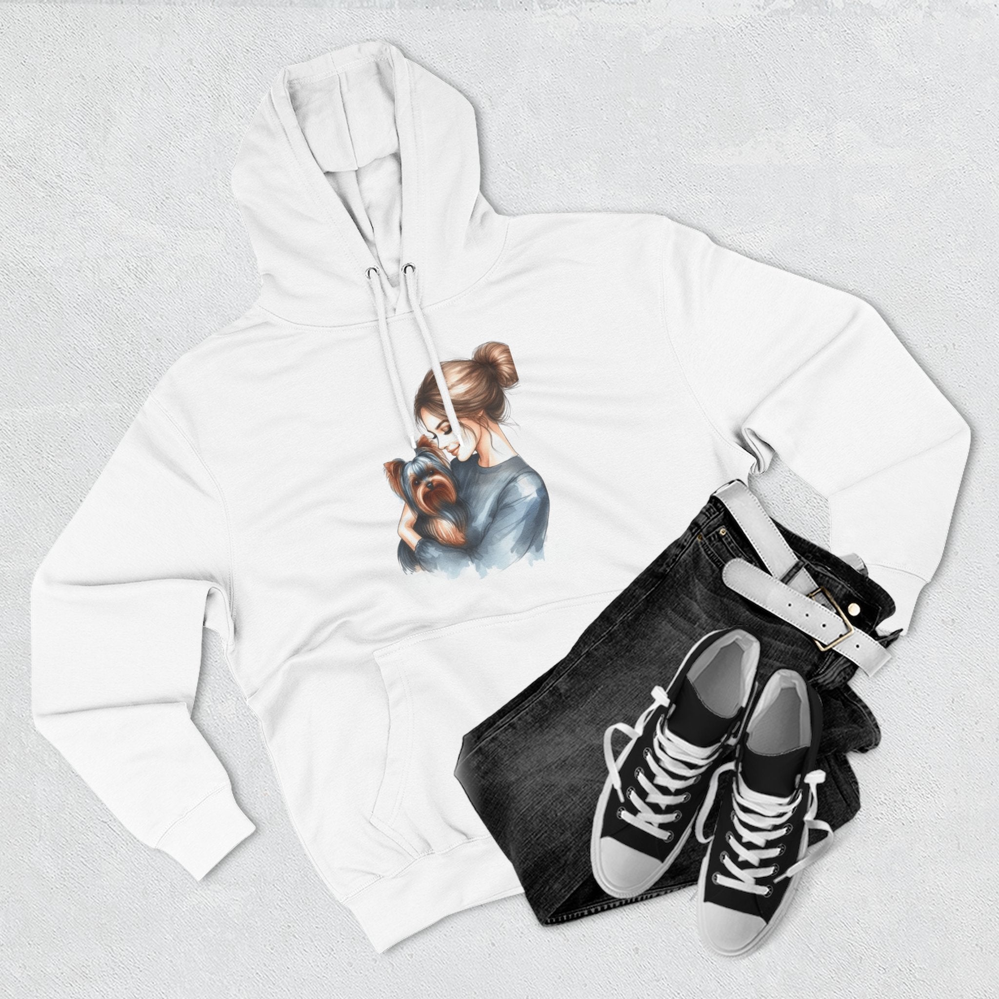 Fleece Hoodie - Woman Hugging Her Yorkie