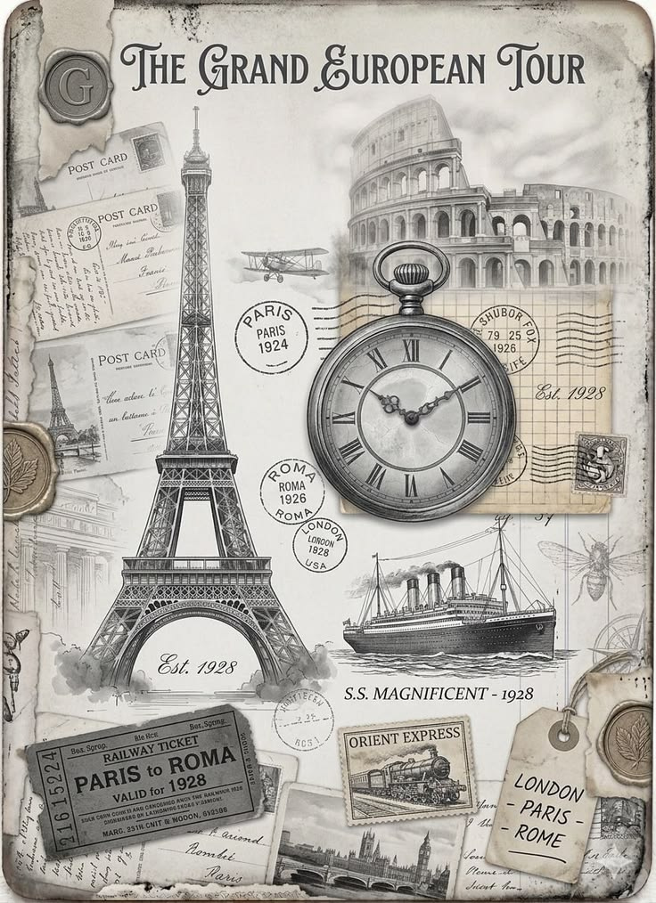 Grand European Tour and Botanical Ledger Vintage Ephemera Pack